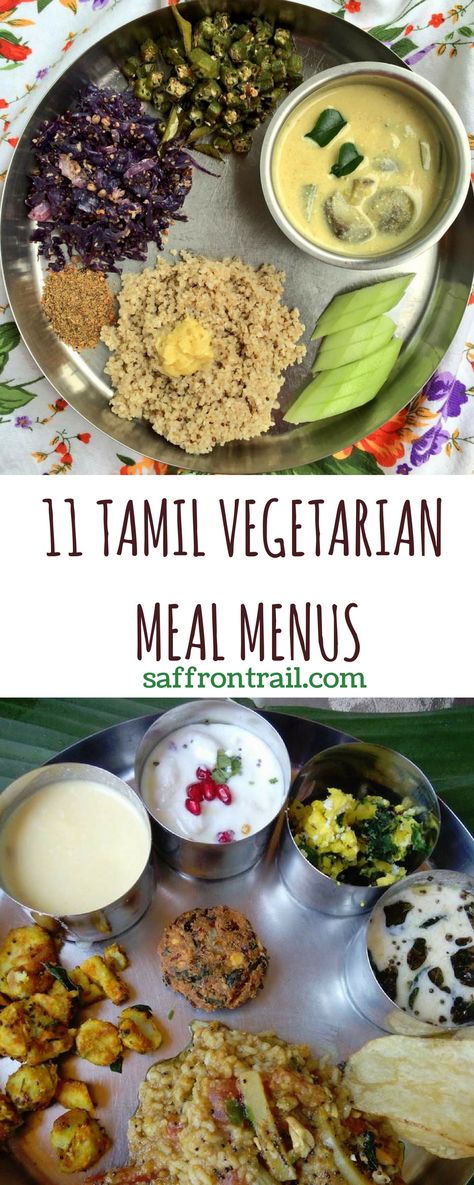 Indian Vegetarian Lunch Menus: 11 menus comprising traditional Tamil Brahmin ∕ vegetarian dishes. Some of them are classic combinations like Avial-Arachuvitta Sambar and some others are my own favourites. All these menus can be served with rice or cooked millets. #Indiancooking #curry Lunch Menu Ideas, Cheap Recipes, Vegetarian Menu, Recipes In Tamil, Vegetarian Meal, Vegetarian Lunch, India Food, South Indian Food, Lunch Box Recipes