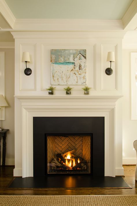 Gas fireplace with custom mantle and surround Gas Fireplace Insert Ideas Traditional, Mantle Gas Fireplace, Molding Above Fireplace Mantel, Classic Gas Fireplace, Fireplace Mantel And Surround, Fireplace Mantle Living Room, Wood Fireplace Mantel Ideas, Fireplace Mantel Designs Wood, Custom Wood Fireplace Mantel