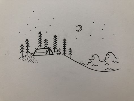 Black and white line drawing. Cute, minimalist, travel, camping, waves, trees, stars, fire, campfire - Imo Lee Travel Drawing Simple, Campfire Drawing, White Board Drawings, Camping Tattoo, Camping Drawing, Whiteboard Art, Travel Drawing, Minimalist Travel, Drawing Simple