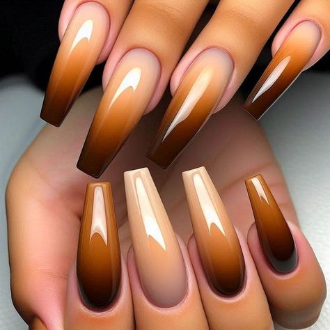 Fall Inspired Nails Square, Pedicure Ideas Brown Skin, Fall Nails And Toe Nails, Nail Designs Brown Color, Gel Ombré Nails, Chocolate Brown Fall Nails, Ombre Fall Nail Colors, Shades Of Brown Nail Designs, Brown And Orange Ombre Nails