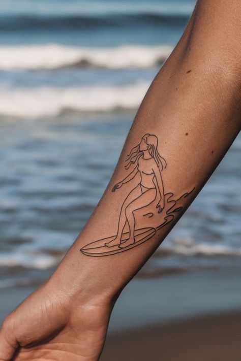 Line art tattoo of a female surfer riding a wave on an arm, with the ocean in the background. Surfer Tattoo Ideas, Small Wrist Tattoo Ideas, Surfer Tattoo, Small Wrist Tattoo, Wrist Tattoo Ideas, Meaningful Design, Small Wrist Tattoos, Tattoo Ideas For Women, Wrist Tattoos For Women