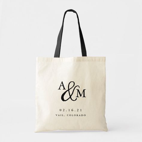 Simple and chic wedding welcome tote bags feature your initials worked into a monogram design, joined by a decorative script ampersand. Personalize with your wedding date and location beneath in timeless serif lettering. Perfect as favors or hotel gift bags. Wedding Giveaways Ideas Souvenirs, Welcome Template, Wedding Tote Bag, Quote Tote Bag, Quote Tote, Wedding Giveaways, Wedding Tote, Wedding Gift Bags, Wedding Welcome Bags