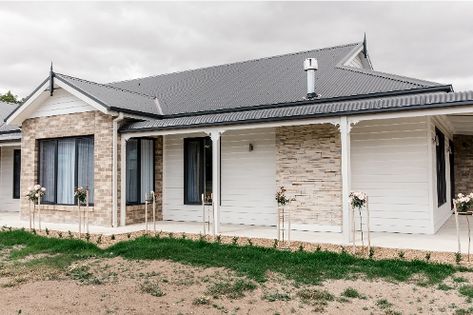 Red Brick And Weatherboard Exterior, Brick To Weatherboard Before And After, Brick And Weatherboard Exterior, Red Brick And White Render Exterior, Weatherboard House Exterior, Recycled Brick And Weatherboard Facade, Limewash Brick Exterior, Contemporary Country Home, Weatherboard Exterior