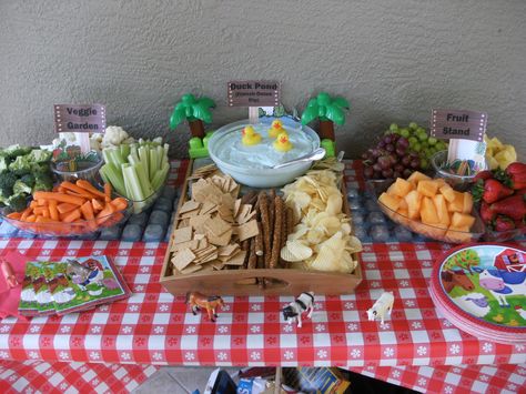 Farm Birthday Party Food-  Veggie Garden Fruit Stand Duck Pond (french onion dip with blue food coloring and toy ducks) Duck Themed Food, Duck Birthday Food Ideas, Duck Party Food, Duck Themed Party Food, One Lucky Duck Food Ideas, One Lucky Duck Birthday Party Food, Duck Hunting 2nd Birthday, Duck Dynasty Party, Ducky Party