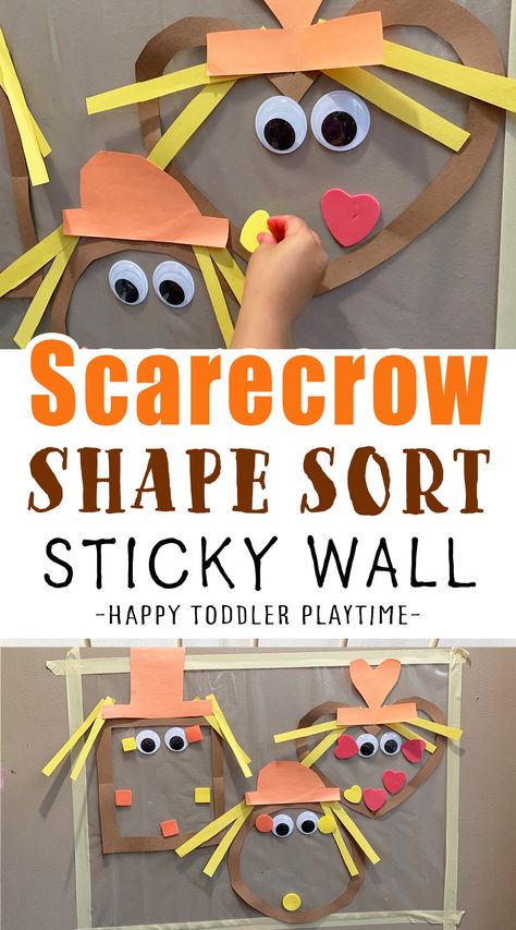 Scarecrow Shape Sorting Sticky Wall - HAPPY TODDLER PLAYTIME Scarecrow Process Art, Scarecrow Gross Motor Activities, Prek Scarecrow Activities, Scarecrow Preschool, Preschool Scarecrow, Autumn Homeschool, Scarecrow Activities, Fall Shapes, Paper Activities