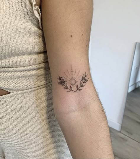 Tattoos Above Elbow Crease, Boho Thigh Tattoo, Boho Wrist Tattoo, Lower Bicep Tattoo Women, Above The Elbow Tattoo Women, Boho Tattoo Ideas Hippie Bohemian, Tattoo Behind Arm Above Elbow, Whimsical Tattoos For Women, Peace Tattoos For Women