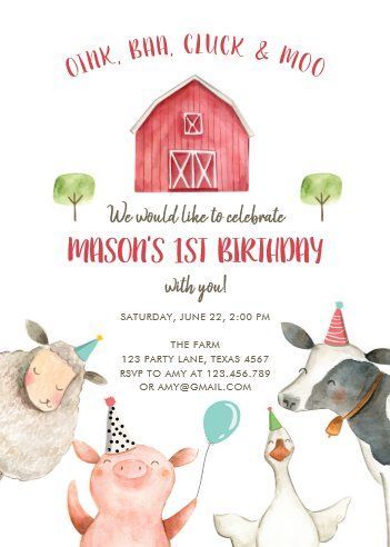 1st birthday invitations Farm Party Invite, Farm Animals Birthday Party Invitations, Farm Animals Party, Farm Birthday Party Invitations, Animals Birthday Invitation, Farm Animals Birthday, Farm Invitation, Barnyard Birthday Party, First Birthday Invite