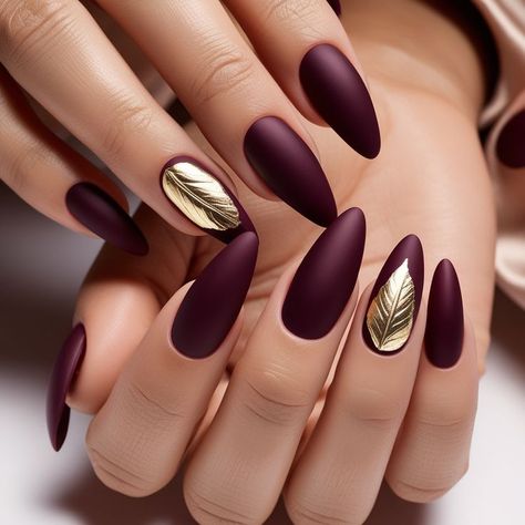 Maroon And Tan Nails, Wine And Gold Nails Designs, Berry And Gold Nails, Hindu Nails, Purple Nails With Gold Foil, Matte Burgundy Nails With Gold, Plum Nails Acrylic, Matte Autumn Nails, Berry Nails Design