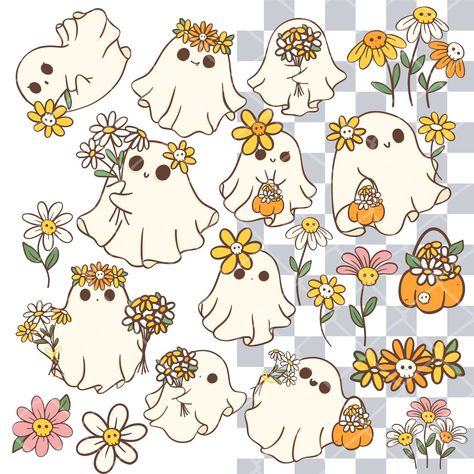 Retro Ghost Art, Halloween Decor 2024, Cute Ghost Art, Painted Buckets, Halloween Cutouts, Boho Ghost, Paper Overlay, Ghost Clipart, Sublimation Templates