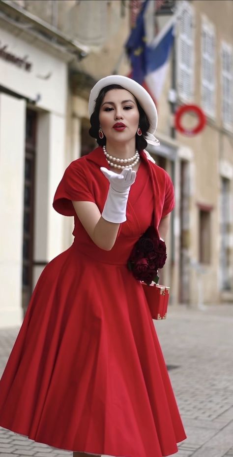 60s Aesthetic Outfits Women, Vintage Red Dress Aesthetic, Retro Glamour Outfit, 50s Outfits For Women, 50s Fashion Aesthetic, Vintage Style Photoshoot, 1950s Photoshoot, 50s Outfit, Pale Foundation