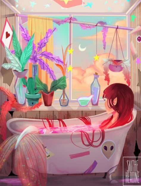 I love this art, and then it got better when I saw bill cypher on the bath tub. Bath Tub Drawing, Tub Drawing, Mermaid Artwork, Mermaid Aesthetic, Mermaids And Mermen, Mermaid Life, Beautiful Mermaids, Mystical Creatures, Mermaid Art