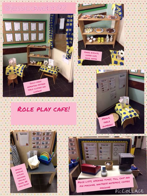 Role play cafe! EYFS Cafe Eyfs Role Play, Role Play Cafe, Cafe Role Play Area Eyfs, Aistear Ideas, Cafe Role Play Area, Cafe Role Play, Hawker Centre, Reception Classroom, School Cafe