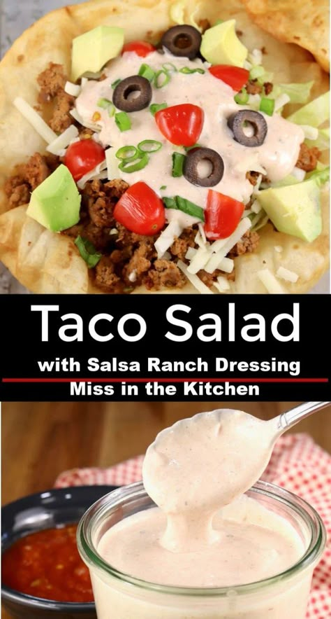 Salsa Ranch Dressing, Taco Salad Recipe Healthy, Taco Salad Dressing, Easy Taco Salad Recipe, Salsa Ranch, Taco Salad Bowls, Chicken Taco Salad, Taco Toppings, Taco Bowl