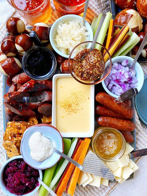 German-Style Graze Board with Gouda Fondue • Food for a Year: Gouda Fondue, German Snacks, Beer Jelly, Graze Board, Sweet And Sour Cabbage, Smoked Pork Tenderloin, Sour Cabbage, Oktoberfest Food, Fresh Strawberry Pie