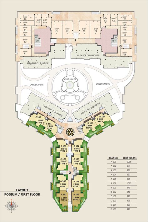 Podium/ First Floor Plan of Uma Aangan. Take a Look at the Pic and get the overview of the locations of clubhouses, shops and flats ‪#‎UmaAangan‬ ‪#‎Clubhouses‬ ‪#‎Podium‬ Podium Design Architecture, Podium Design, Clubhouse Design, Building Design Plan, First Floor Plan, Closet Design Layout, Building Plan, Residential Apartments, Architecture Design Concept