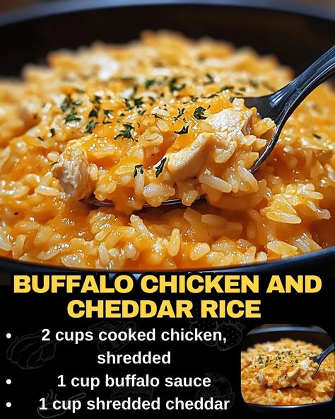 Buffalo Chicken and Cheddar Rice Buffalo Rice Recipe, Buffalo Chicken And Cheddar Rice, Chicken With Buffalo Sauce, Buffalo Chicken And Rice, Buffalo Rice, Buffalo Chicken Rice Bowl, Buffalo Chicken Rice, Cheddar Rice, Bacon Cheeseburger Meatloaf