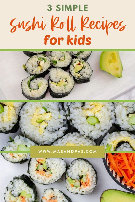 Get your kids to eat their sushi with these 3 amazingly simple sushi roll recipes, kid friendly and kid approved food that they will love to eat as a tasty lunch or dinner meal #kidfriendlyfood #sushi #sushiroll #sushirecipes #lunchforkids Japanese Food For Picky Eaters, Sushi For Lunch, Kids Healthy Food, Kid Friendly Vegetarian Dinners, Simple Sushi, Simple Sushi Recipes, Kid Friendly Asian Recipes, Kids Sushi Rolls, Easy Cooked Sushi Recipes