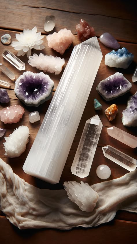 Discover the unique power of a selenite crystal charging other crystals. Selenite, known for its cleansing and charging abilities, is pictured revitalizing a collection of crystals with its pure energy. This image illustrates the beauty of energy work, showcasing how selenite enhances the vibrational frequencies of surrounding crystals. Ideal for those interested in crystal healing and the harmonious interplay of natural energies Crystals Photoshoot, Crystals And Gemstones Photography, Crystal Product Photography, Crystals Product Photography, Crystal Healing Photography, Crystal Charging, Meditating With Crystals, Crystals Selenite, Boho Witch