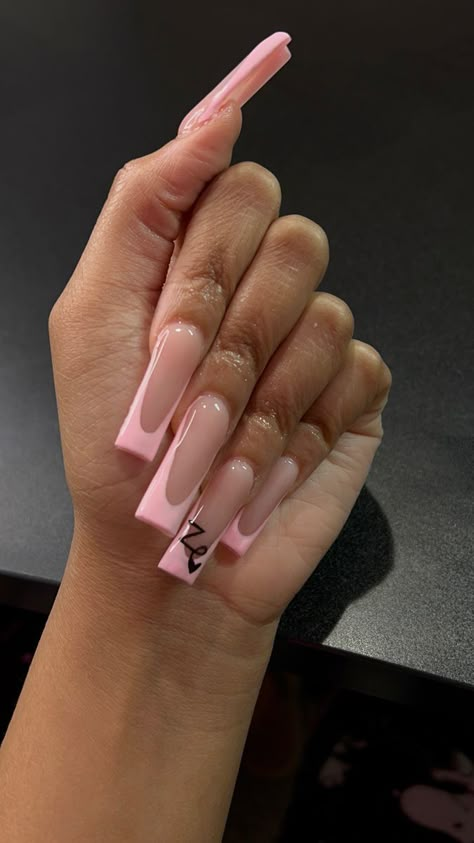 Name On Acrylic Nails, Long French Tip Nails Pink, Nails With Initial On It, Nails Acrylic Coffin Long Baddie, Nails Acrylic Initial, Simple Long Acrylic Nails, Square Acrylic Nails French Tips, Long Acrylic Nails Square, Tapered Square Acrylic Nails