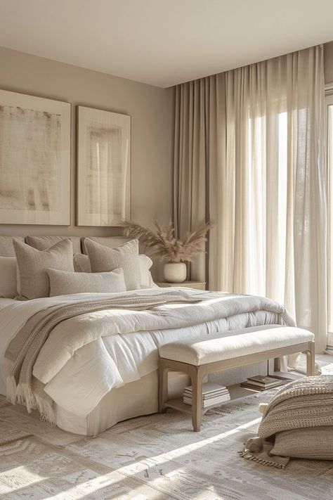 Room Calm Aesthetic, Calm House Interior, Calm Master Bed, Subtle Bedroom Colors, Cozy Simple Room, Calming Interior Design, Peaceful Bedroom Aesthetic, Calm Home Aesthetic, Soft Bedroom Colors