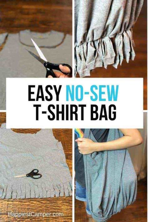 Easy No-Sew T-shirt Bag. Repurpose that T-shirt into a cute Tote Bag. Easy step by Step Tutorial on making this No-Sew Bag. #nosew #handmade #grocerybag Diy Tee Shirt, Sew Tshirt, No Sew Crafts, T Shirt Crafts, Distressed Tshirt Diy, No Sew Projects, Shirt Bags, Distressed Tshirt, Diy Storage Rack