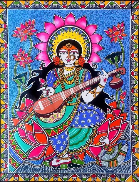 Saraswati Painting Modern Art, Madhubani Saraswati Painting, Traditional Folk Art Painting, Saraswati Madhubani Painting, Traditional Paintings Indian Folk Art, Indian Art Paintings Traditional, Madhubani Paintings Traditional, Folk Art Madhubani, Traditional Madhubani Art