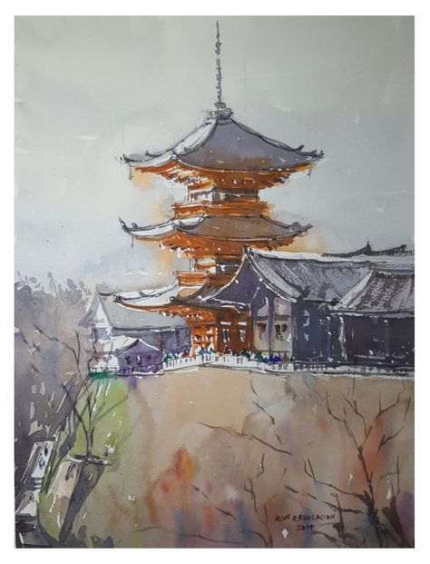 Kiyomizu-dera Temple, watercolor painting, watercolor japan Chinese House Painting, Japanese Temple Watercolor, Japan Watercolor Painting, Japanese Watercolor Art, Watercolor Art Background, Temple Watercolor, Japan Watercolor, Temple Drawing, Background Blur