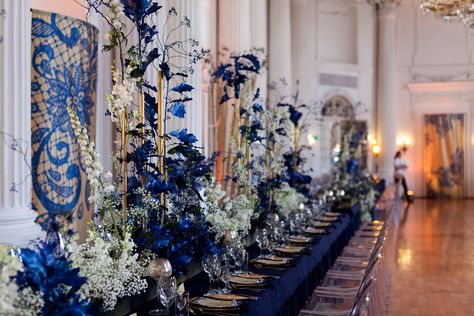 Navy Blue Wedding Reception in Rydzyna Castle, Poland by artsize.pl Navy Blue Wedding Reception, Shabe Yalda, African Wedding Theme, Indigo Decor, Wedding Reception Tables Centerpieces, Blue Wedding Receptions, Ballroom Wedding Reception, Blue Gold Wedding, Royal Blue Flowers