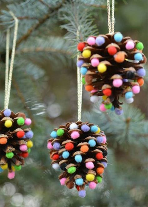 Christmas DIY Ornament Ideas - Pom Poms and Pinecones Christmas Ornaments Peppermint Candy Ornaments, Diy Pinecone, Teacher Ornaments, Pinecone Ornaments, Cone Christmas Trees, Cones Crafts, Christmas Tree Crafts, Pine Cone Crafts, Kids Ornaments