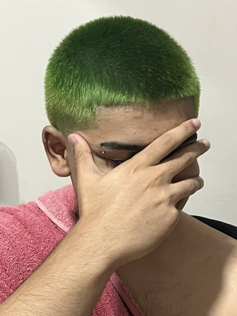 Hair Color Buzzcut, Short Green Hair Men, Neon Green Hair Short, Buzz Cut Dyed Hair Men, Buzz Cut Colored Hair, Buzzcut Colored Hair, Buzzcut Hair Dye, Buzz Cut Hair Dye, Green Buzzcut