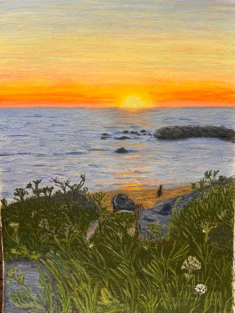 Sunrise Over Ocean Painting, How To Color A Sunset With Color Pencils, Sunset With Colored Pencils, Oil Pastel Beach Sunset, Beach Sunset Drawing Colored Pencil, Sunset At The Beach Drawing, Sunset Color Pencil Drawing, Oil Pastel Ocean Drawings, Sunrise Oil Pastel