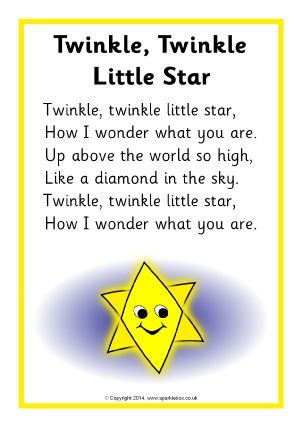 I chose this Nursery rhyme as I loved singing it as a kid and doing the hand gestures and I also love singing it to my nieces and my daughter. This nursery rhyme to me is talking about the purpose and the description of a star. © Copyright SparkleBox Teacher Resources (UK) Ltd Rhyming Poems For Kids, Nursery Rhymes Poems, English Poems For Kids, Old Nursery Rhymes, Rhymes Lyrics, Nursery Rhymes Lyrics, English Rhymes, Nursery Rhymes Preschool, Nursery Rhymes Activities