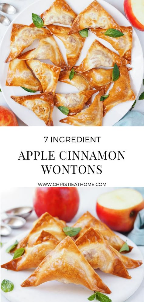 Apple Cinnamon Wontons. Crispy baked wontons filled with a cinnamon sugar and nutmeg. It's a delicious dessert or treat and fun to make! These are also vegan. Nutmeg Recipes Desserts, Wonton Paper Recipes, Wonton Dessert Recipes Baked, Wonton Wrapper Recipes Vegan, Banana Wonton Dessert, Desserts With Wonton Wrappers, Healthy Wonton Recipes, Sweet Wonton Recipes, Apple Wonton Dessert