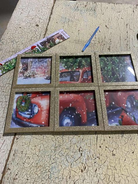 Dollar Tree Picture Frame Makeover - The Shabby Tree Dollar Tree Picture Frame Christmas Crafts, Picture Frame Window Christmas, Dollar Tree Canvas Frame, Picture Frame Diy Crafts, Christmas Gift Bag Picture Frame, Gift Bag Picture Frame, Dollar Tree Window Frame, Christmas Crafts With Picture Frames, Dollar Tree Frame Crafts