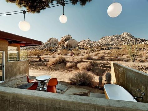 Radziner Modernist Cabin Joshua Tree l Soaking Tub Joshua Tree Architecture, Tree Architecture, House With Balcony, Desert House, Carbon Monoxide Detector, Entertaining Kitchen, Desert Homes, Community Center, Joshua Tree National Park