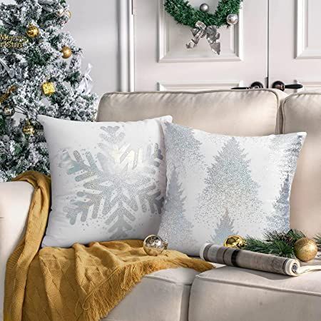 VERTKREA Christmas Pillow Covers, Silver White Snowflakes Christmas Tree Throw Pillows, Set of 2 Xmas Decor Bronzing Printed Pillowcase for Bed Sofa Couch Winter Holiday , 18x18 Inch Snowflakes Christmas Tree, Christmas Throw Pillows, Winter Pillow Covers, Xmas Pillows, Snowflake Pillow, Winter Pillows, Christmas Cushion, Christmas Cushion Covers, Christmas Pillows