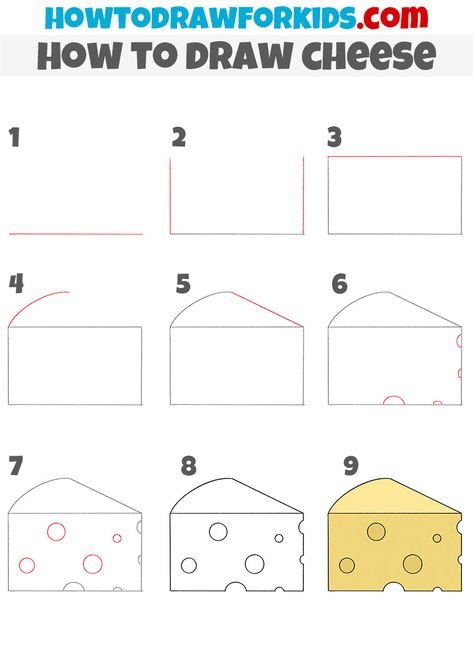 How to Draw a Cheese - Easy Drawing Tutorial For Kids How To Draw Cheese, Food Drawing Sketches Easy, Cheese Drawing Easy, Easy Food Drawings, How To Draw Food, Cheese Sketch, Cheese Doodle, Cheese Drawing, Draw Food