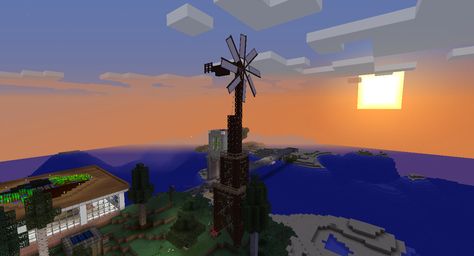 A wooden wind turbine, using the Immersive Engineering and Platforms mods. Windmill Design, Thermal Expansion, Cool Minecraft, Cn Tower, Wind Turbine, The List, Minecraft, Engineering, Unique Designs