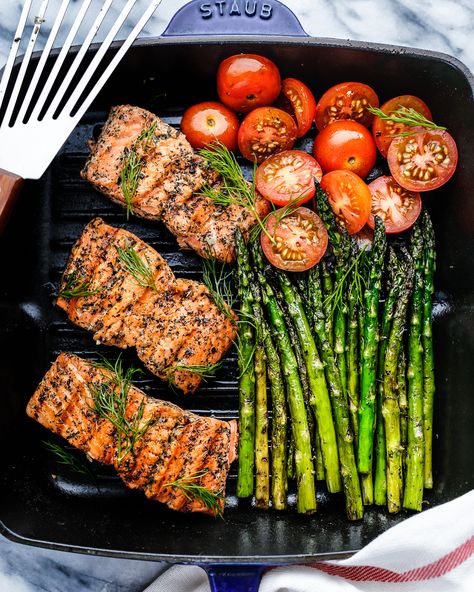 Meal Aesthetic, Primal Gourmet, Salmon With Asparagus, Pan Cooking, Marinated Salmon, Healthy Summer Dinners, Purple Cabbage, Cabbage Slaw, Grilled Veggies