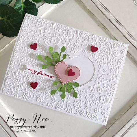 Handmade Valentine card made with the Bouquet of Love Hybrid Embossing Folder by Stampin' Up! created by Peggy Noe of Pretty Paper Cards #bouquetofloveembossingfolder #stampinup #stampingup #peggynoe #prettypapercards via @prettypapercards Valentine’s Cards, Stampin Up Valentine Cards 2024, Valentine Cards Handmade Simple, Valentine Cards To Make, Stampin Up Valentine Cards, Valentines Day Cards Handmade, Lacing Cards, Valentine Love Cards, Valentine Cards Handmade