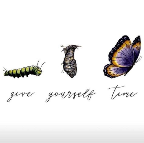 Give Yourself Time caterpillar to butterfly Caterpillar Tattoo, How To Do Meditation, Dr Tattoo, Give Yourself Time, Butterfly Quotes, Trust The Process, Butterfly Tattoo, Tattoos And Piercings, Caterpillar