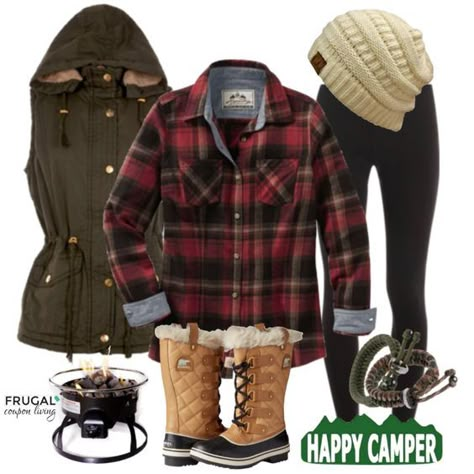 Frugal Fashion Friday Happy Camper Camping Outfit of the Day on Frugal Fashion Friday. Polyvore Outfit. Camping Outfits Winter, Outdoor Camping Outfits, Winter Camping Outfits, Cute Camping Outfits, Wander Outfit, Trekking Outfit Women, Cheap Camping, Camping Outfit, Summer Camping Outfits