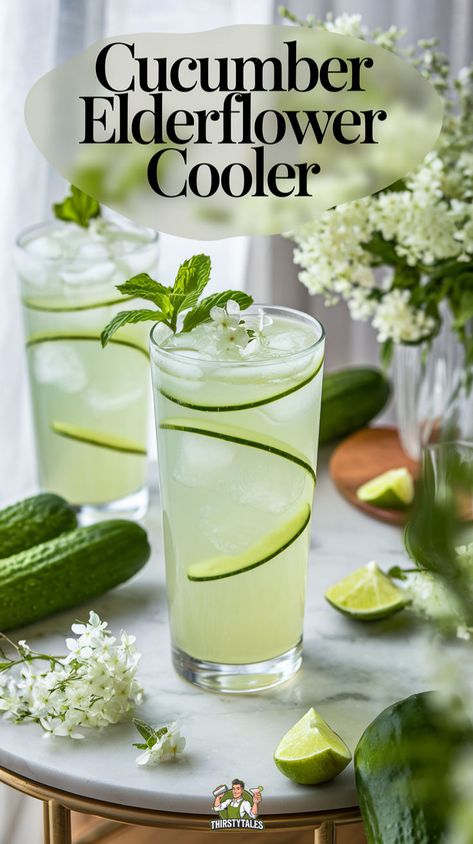 "Quench your thirst this summer with our Cucumber Elderflower Cooler Mocktail Recipe! This refreshing summer beverage combines crisp cucumber and fragrant elderflower for a delightful non-alcoholic cocktail. Perfect for sunny days, this healthy mocktail recipe is light, fruity, and ideal for any gathering. Discover the ultimate cucumber mocktail and elevate your drink game with this easy-to-make elderflower drink that everyone will love!" Cucumber Elderflower Cocktail, Elderflower Tonic Cocktail, Summer Beverages Non Alcoholic, Mocktails Non Alcoholic Spring, Elderflower Liqueur Recipes, Cocktail Recipes Non Alcoholic, Elderflower Mocktail Recipe, Cucumber Mocktail Recipe, Cute Mocktails Non Alcoholic