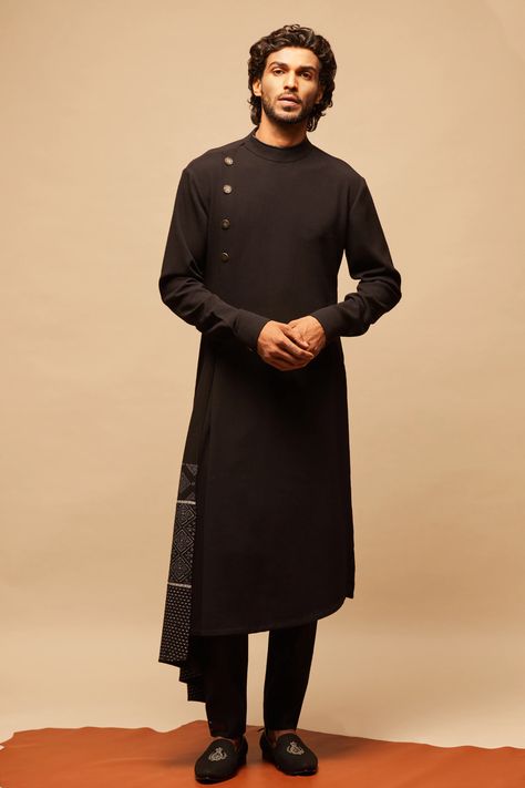 Luxury Nida Kurta With Traditional Drape, Black Formal Kurta With Traditional Drape, Cowl Kurta Men, Draped Kurta For Men, Asymmetric Kurta Men, Kurta Designs Men's, Slim Fit Trousers Men, Shantanu And Nikhil, Kurta Men