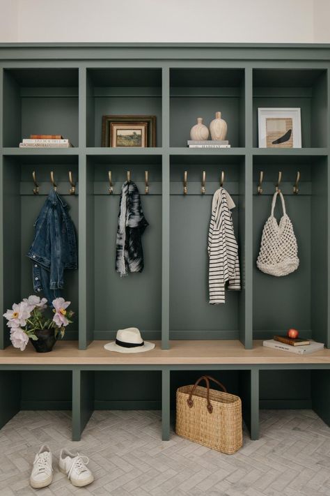 Sherwin Williams Rosemary - A Sophisticated Dark Green Paint Color - A Sohisticated Dark Green Paint Color Sw 6187 Rosemary, Rosemary Sherwin Williams, Sherwin Williams Rosemary, Mudroom Paint, Mudroom Paint Color, Dark Green Paint, House Development, Mudroom Cubbies, Mudroom Remodel