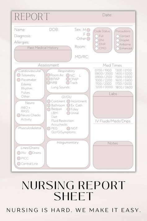 Our med surg nursing report sheet will set you up for success when giving and receiving report. Including a full head-to-toe assessment, code status, precautions, labs, IVF, med schedule, PMH and more, this nursing template is the ideal sbar report sheet for your nursing shift or for nursing clinical as apart of your nursing student notes. Available in 7 colors, check us out! Handoff Report Nursing, Med Surg Nurse Report Sheet, Shift Report Template Nurse, Clinical Paperwork Nursing, Nursing Flow Sheet, Nursing Assessment Template, Report Sheets For Nurses Med Surg, Nursing Sbar Template, Cardiac Nurse Report Sheet