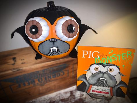 The orgional Pig Monster Book Character Pumpkin-1st one on Pintrest! Oct. 2021 Pig The Pug Storybook Pumpkin, Pig The Monster Pumpkin, Pig The Pug Pumpkin Character, Book Based Pumpkin Decorating, Pug Pumpkin Painting, Pig The Pug Pumpkin, Story Book Character Pumpkin Ideas, Pumpkin Storybook Characters, Pumpkin Characters From Books