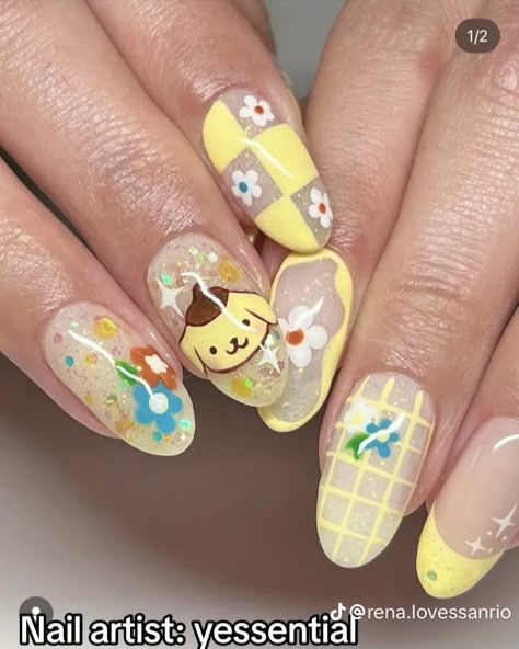 sanrio pompompurin Pompompurin Nails Acrylic, Sanrio Nails Pompompurin, Pompompurin Nail Art, Nail Ideas Sanrio, Sanrio Nail Ideas, Pom Pom Purin Nails, Cute Character Nails, Usahana Nails, Sanrio Nails Short