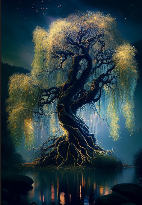 Magical Willow Tree Art, Magic Willow Tree, Magic Tree Fantasy Art, Large Willow Tree, Magic Realm Fantasy Art, Magical Willow Tree, Magic Tree Aesthetic, Large Fantasy Tree, Enchanted Tree Drawing