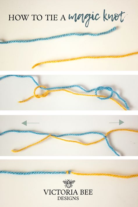 Four photos showing the steps of making a magic knot using one strand of blue yarn and one strand of yellow yarn. How To Tie Crochet Ends, Magic Knot Tutorial, How To Make A Magic Yarn Ball, Tying Yarn Ends Together, Joining Yarn Ends Knitting, How To Join Yarn In Crochet, How To Combine Yarn Ends, Combine Yarn Ends, Things To Crochet With One Ball Of Yarn